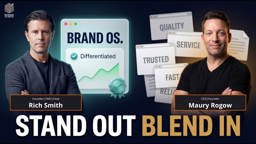 Revenue Science podcast thumbnail featuring host Rich Smith and guest Maury Rogow discussing B2B brand differentiation.